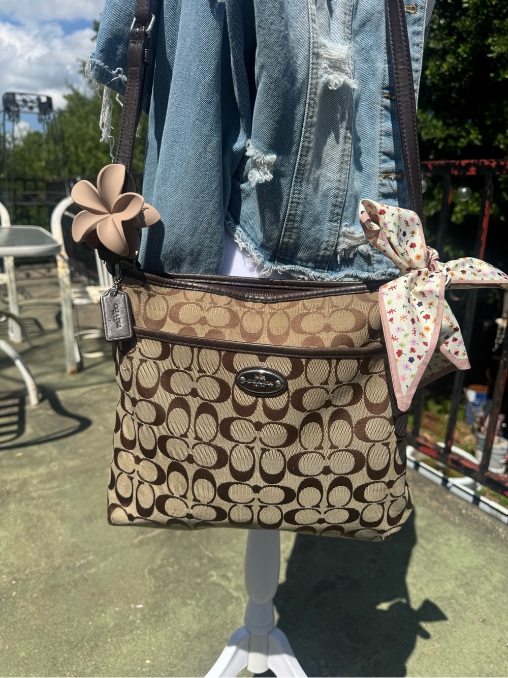 Coach Brown Signature Canvas Crossbody with Floral Scarf Accent
